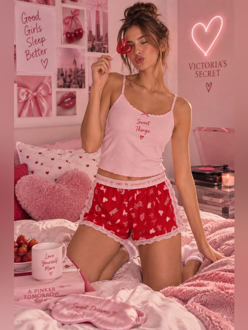 VICTORIA'S SECRET LOVESHACKFANCY Women's New Sleep Shorts SMALL Hearts Lace Trim